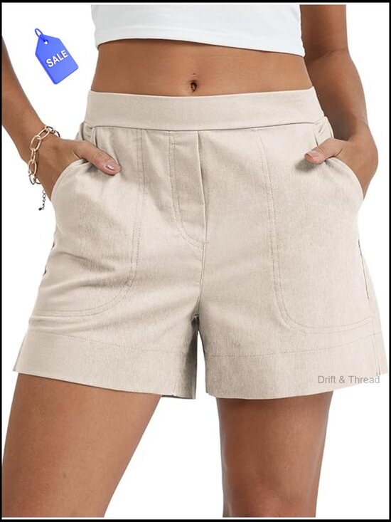Other - Linen-Blend Wide-Leg Shorts Mid-Rise with Pockets Casual Summer